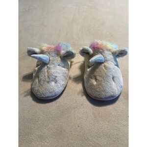Cat & Jack Unicorn Slippers Off-White Rainbow Faux Fur Silver Horn Size L 4-5